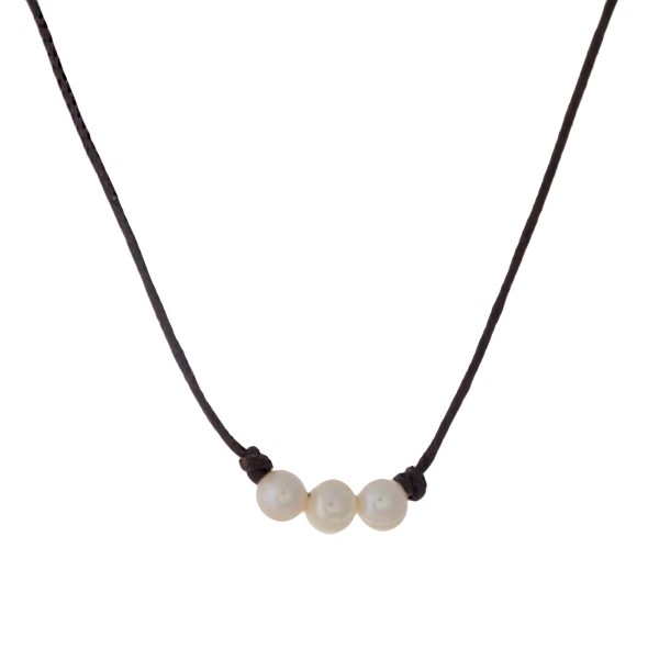 Wholesale brown waxed cord necklace three cream freshwater pearl beads