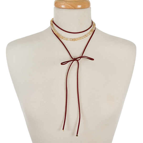 Wholesale burgundy faux suede beige natural stone beaded wrap choker gold accent