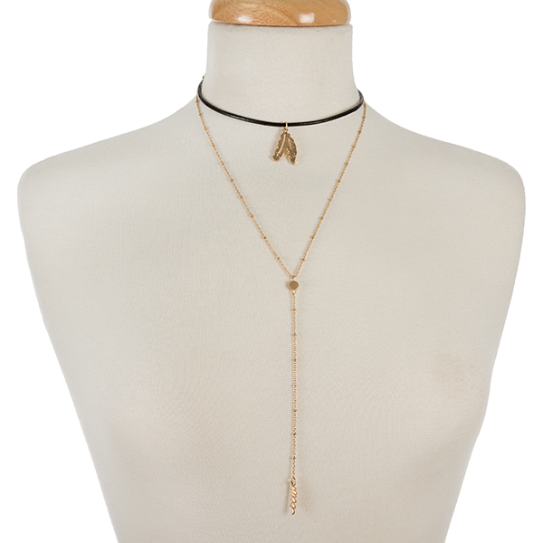 Wholesale black leather choker gold Y layer feather pendants