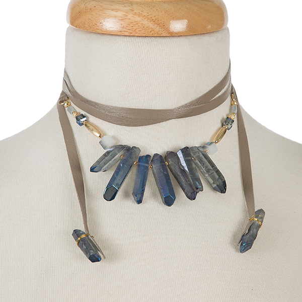 Wholesale gray leather wrap necklace blue iridescent crystals gold accents