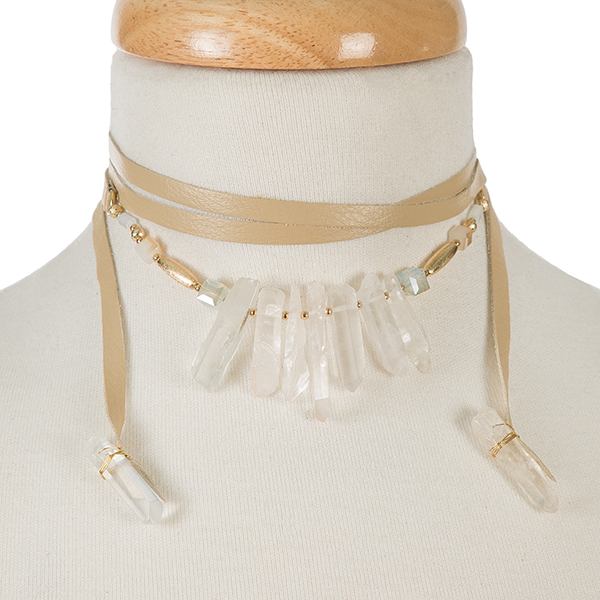 Wholesale beige leather wrap necklace white crystals gold accents