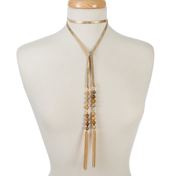 Wholesale gold leather wrap necklace neutral beads chain tassels