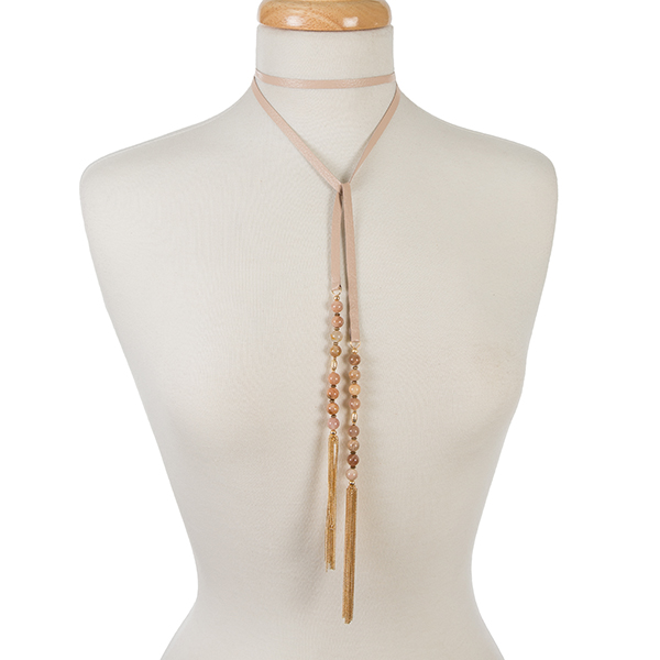 Wholesale pink leather wrap necklace peach beads chain tassels