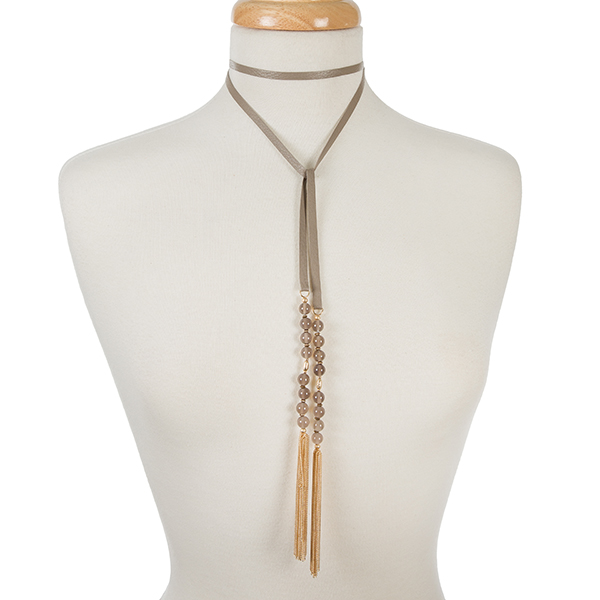 Wholesale gray leather wrap necklace gray beads chain tassels