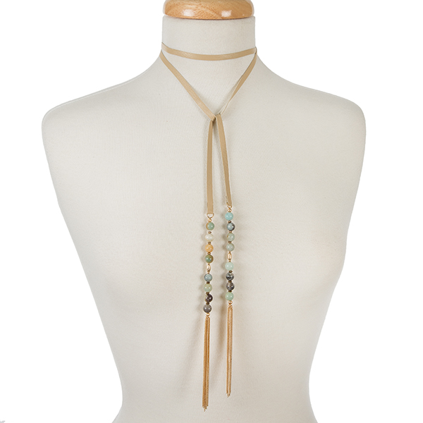 Wholesale tan leather wrap necklace amazonite beads chain tassels