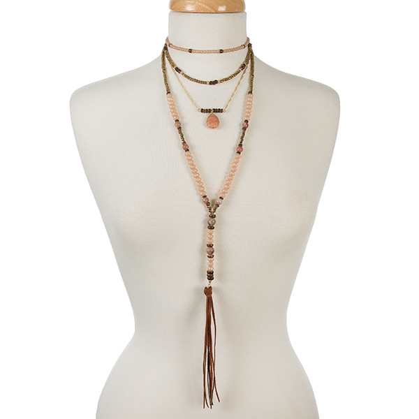 Wholesale bronze champagne peach beaded layered necklace natural stones tassel p