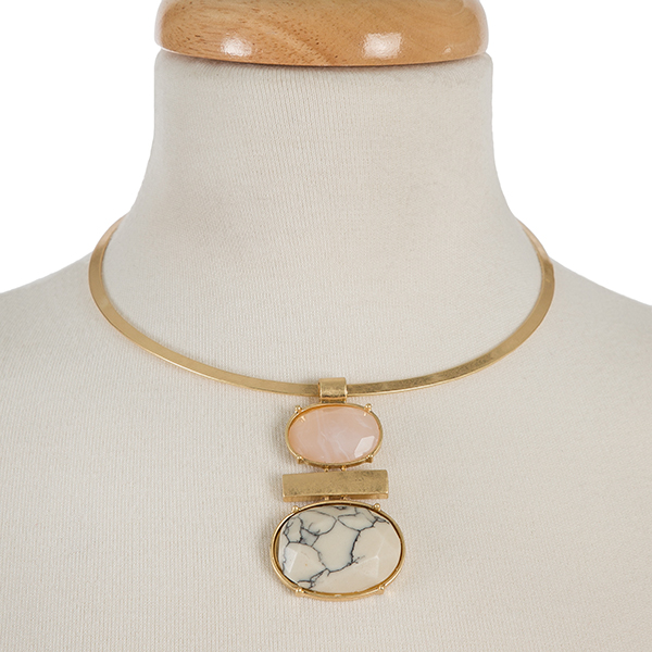 Wholesale gold metal choker pink white two stone pendant diameter