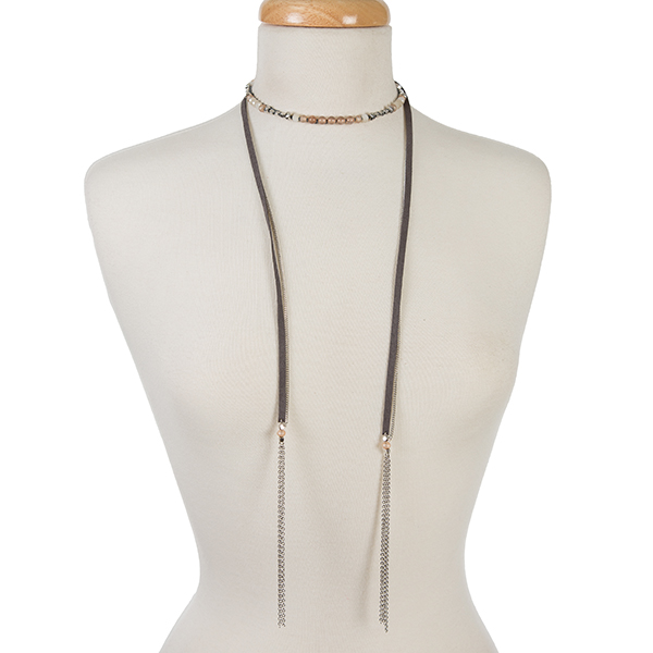 Wholesale silver beaded memory wire choker gray suede fabric chain tassels ends