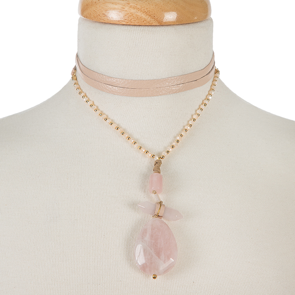 Wholesale gold pink leather wrap choker necklace three stone pink pendant