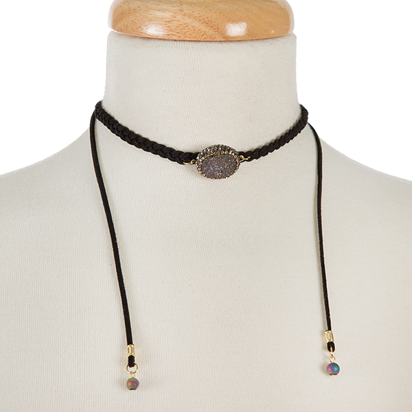 Wholesale black braided cord choker iridescent druzy stone Adjustable up Handmad