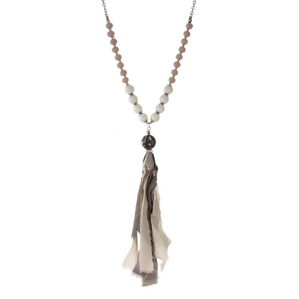 Wholesale burnished silver necklace ivory gray fabric tassel pendant gray beads