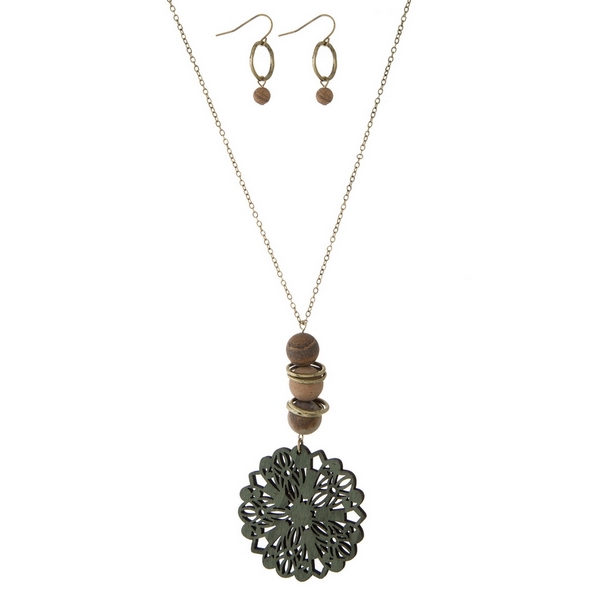 Wholesale gold necklace set wooden olive green laser cut pendant natural stone a