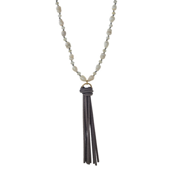 Wholesale gray faux suede necklace freshwater pearl beads tassel pendant Adjusta