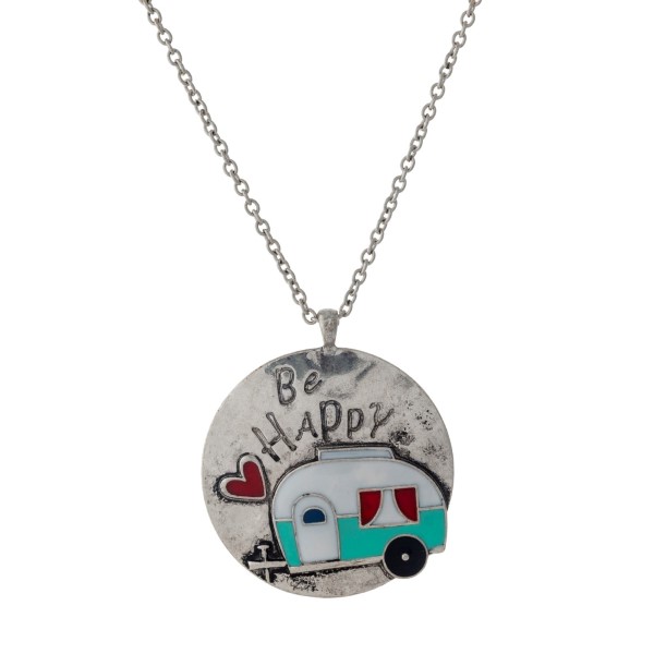 Wholesale silver necklace circle pendant stamped Be Happy camper accent