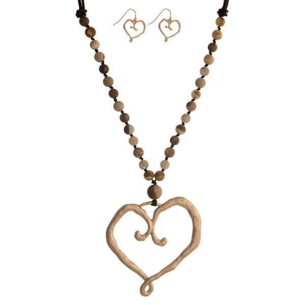 Wholesale faux leather cord necklace set natural stone beads heart pendant match