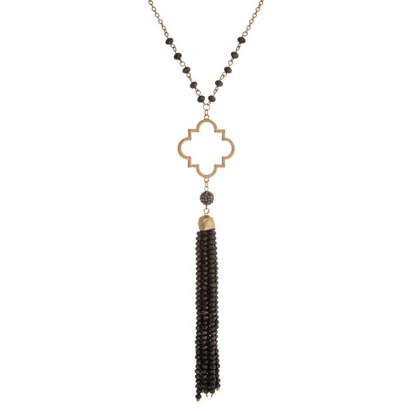 Wholesale gold necklace open quatrefoil beaded tassel