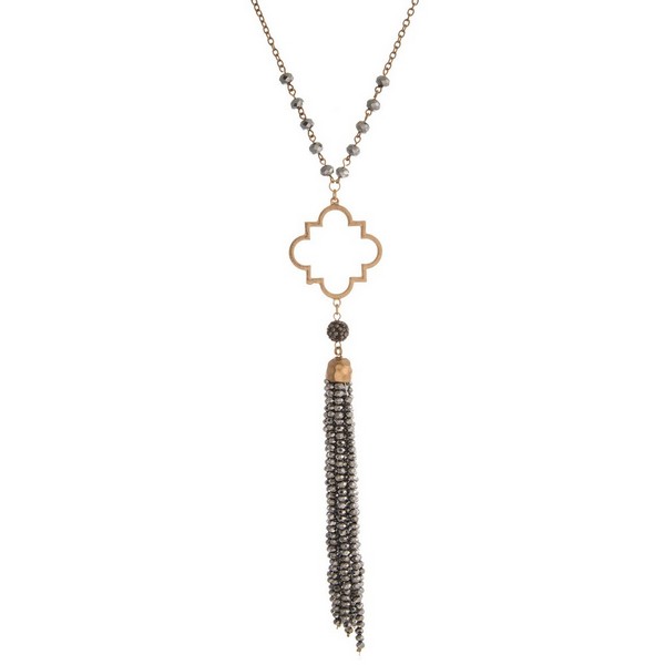 Wholesale gold necklace open quatrefoil beaded tassel