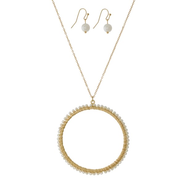 Wholesale long metal necklace set pearl beaded circle pendant matching fishhook