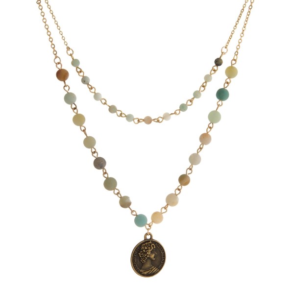 Wholesale two layer natural stone beaded necklace coin pendant