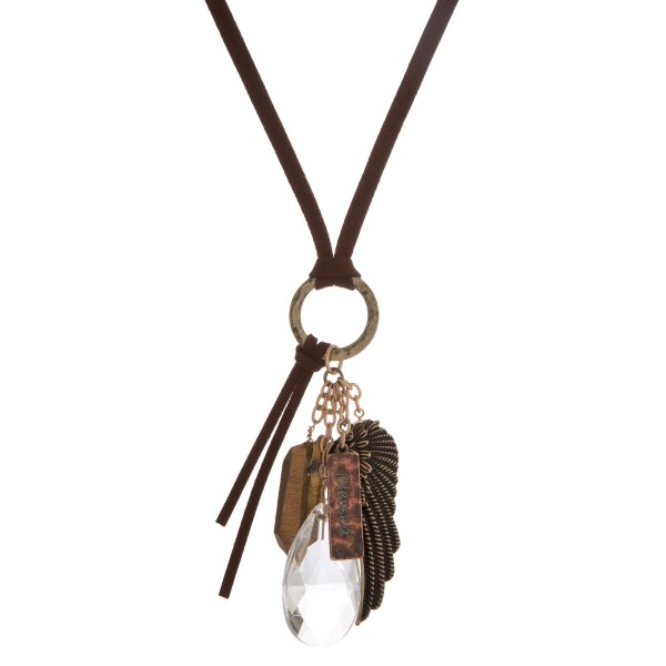Wholesale faux suede necklace crystal stone message charms