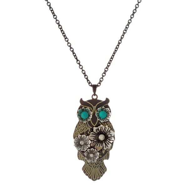 Wholesale long metal necklace owl pendant natural stone detail