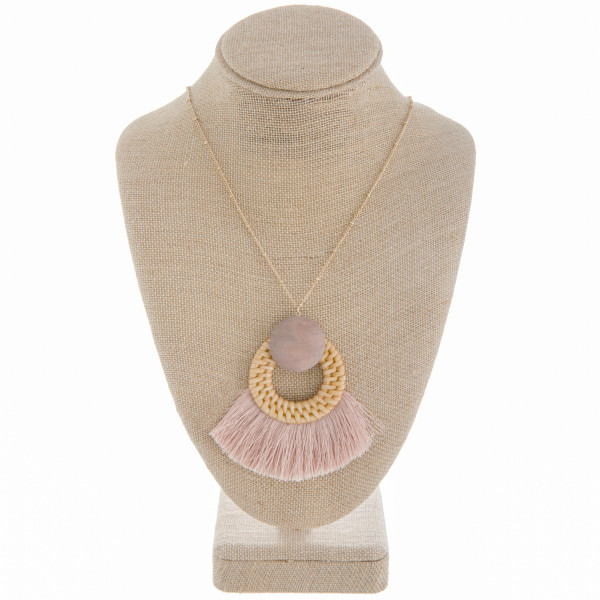 Wholesale long metal necklace wood tassel details Approximate