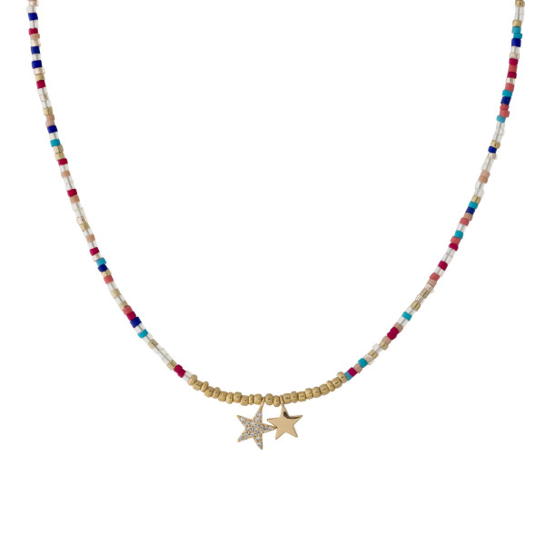 Wholesale dainty seed beaded necklace two star accents cubic zirconia details