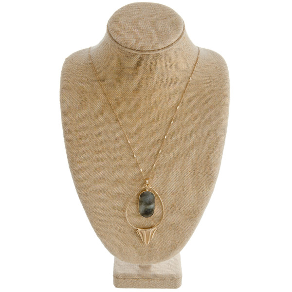 Wholesale long metal chain necklace teardrop pendant natural stone center detail