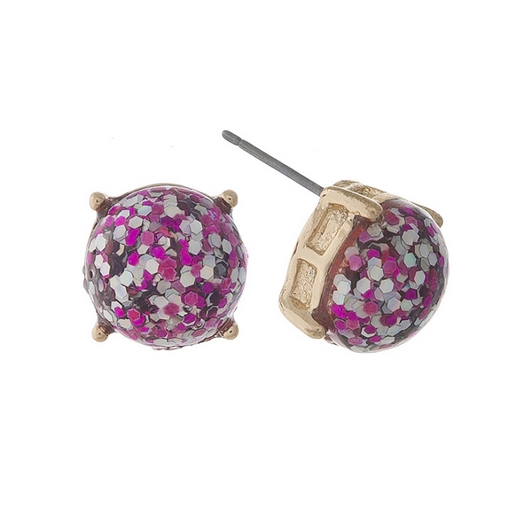 Wholesale gold stud earrings fuchsia glitter diameter