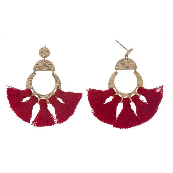 Wholesale gold post earrings five red tassels