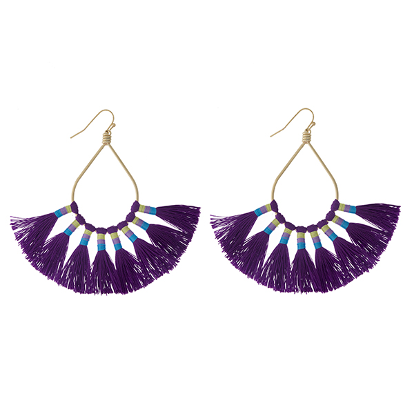 Wholesale gold fishhook earrings open oval eight purple thread tassels