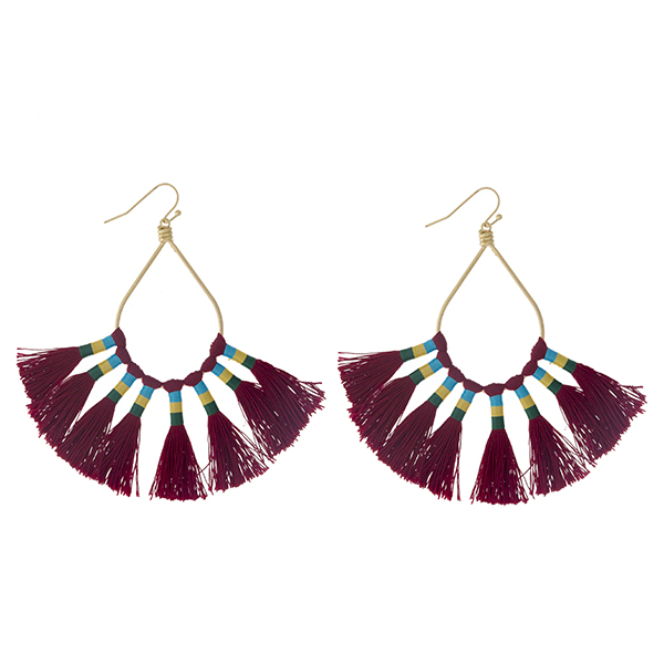 Wholesale gold fishhook earrings open oval eight burgundy thread tassels