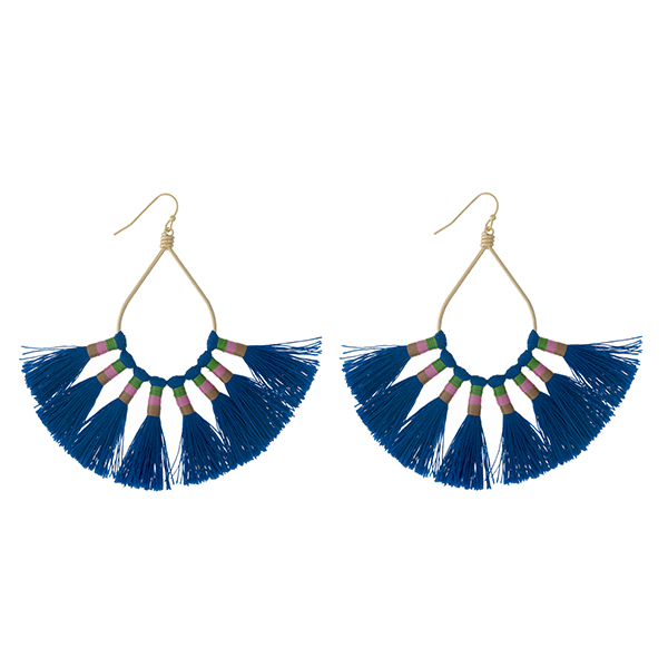 Wholesale gold fishhook earrings open oval eight blue thread tassels