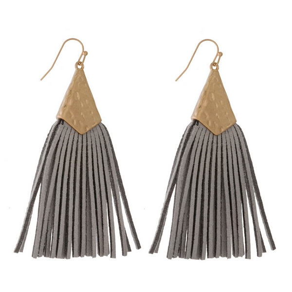Wholesale gold fishhook earrings hammered gold faux leather tassel