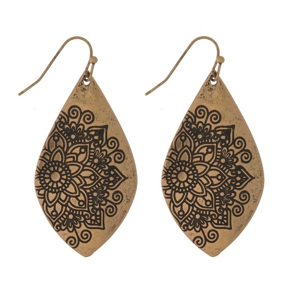 Wholesale burnished metal fishhook earrings teardrop flower imprint