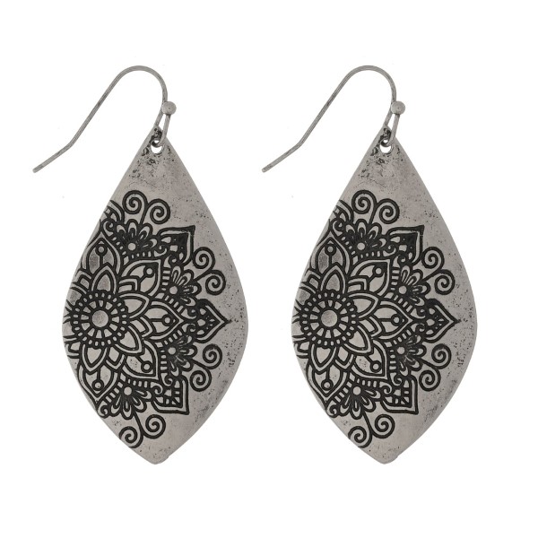 Wholesale burnished metal fishhook earrings teardrop flower imprint