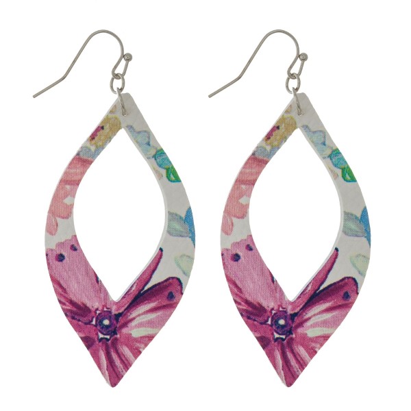 Wholesale silver fishhook earrings faux leather cutout oval floral pattern