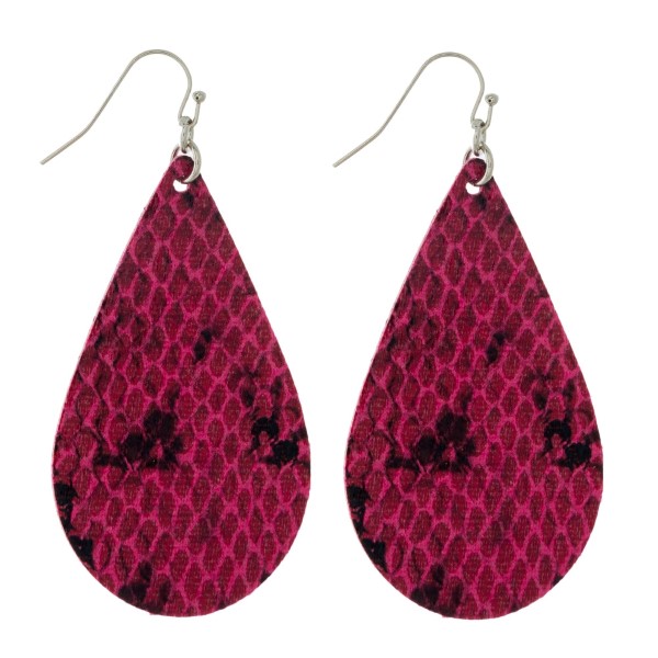 Wholesale silver fishhook earrings faux leather teardrop snakeskin pattern