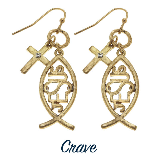 Wholesale gold ichthys Jesus earrings rhinestone details cross charm long