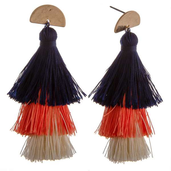 Wholesale multi colored fan tassel earrings gold half circle post long