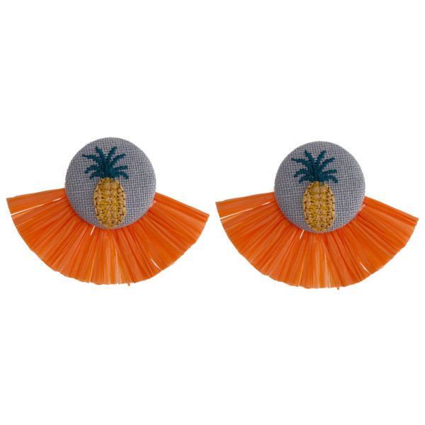 Wholesale orange raffia tassel earrings pineapple embroidered detail stud post