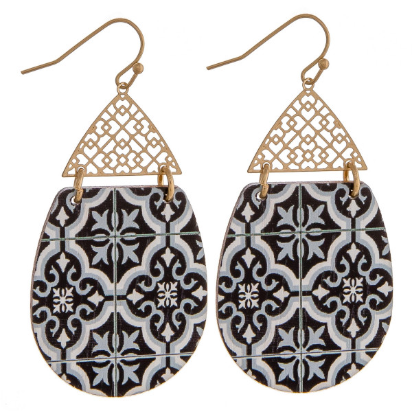 Wholesale wood inspired teardrop earrings detailed pattern filigree accent