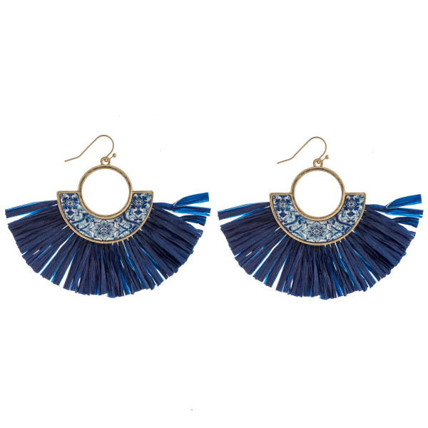 Wholesale metal drop earrings wood inspired pattern accent tassel details