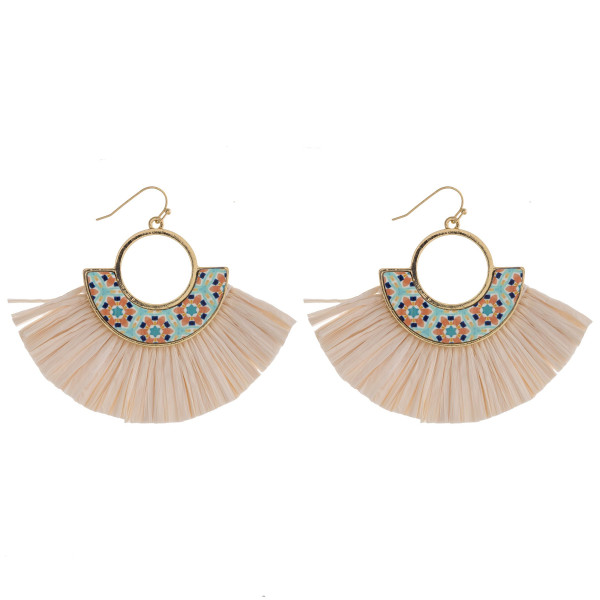 Wholesale metal drop earrings wood inspired pattern accent tassel details