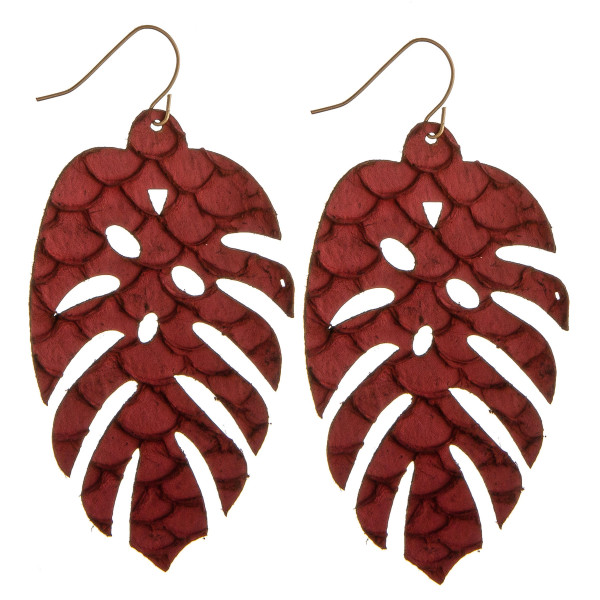 Wholesale long genuine leather leaf earrings scale details