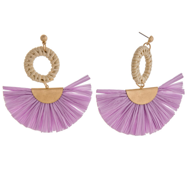 Wholesale raffia tassel earrings rattan woven circular accent stud post