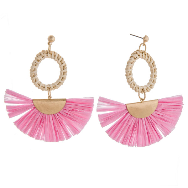 Wholesale raffia tassel earrings rattan woven circular accent stud post