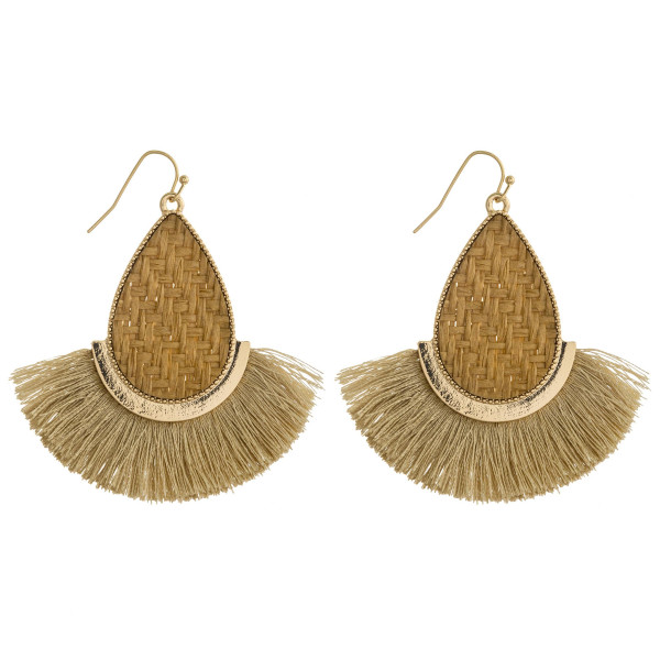 Wholesale rattan woven teardrop earrings tassel details gold metal accents