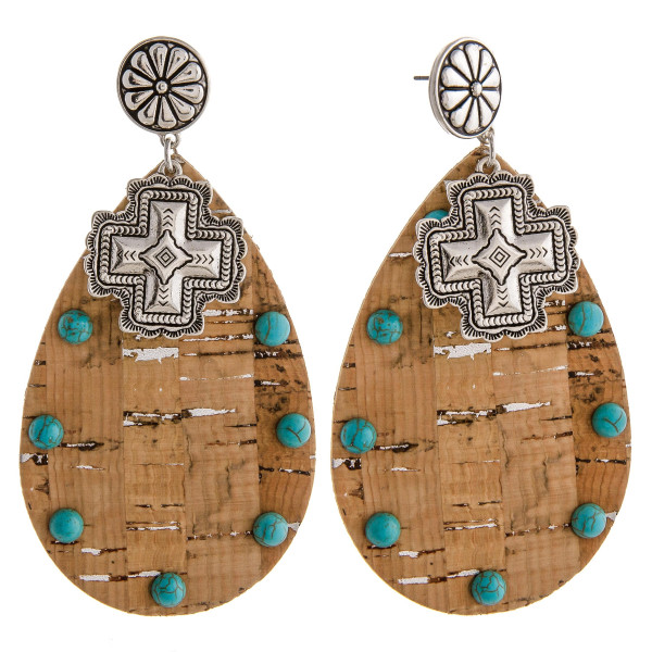 Wholesale large western cork teardrop earrings natural stone details