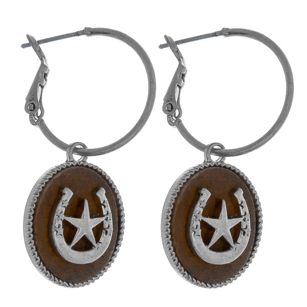 Wholesale dainty hoop earrings faux leather accent horseshoe star details